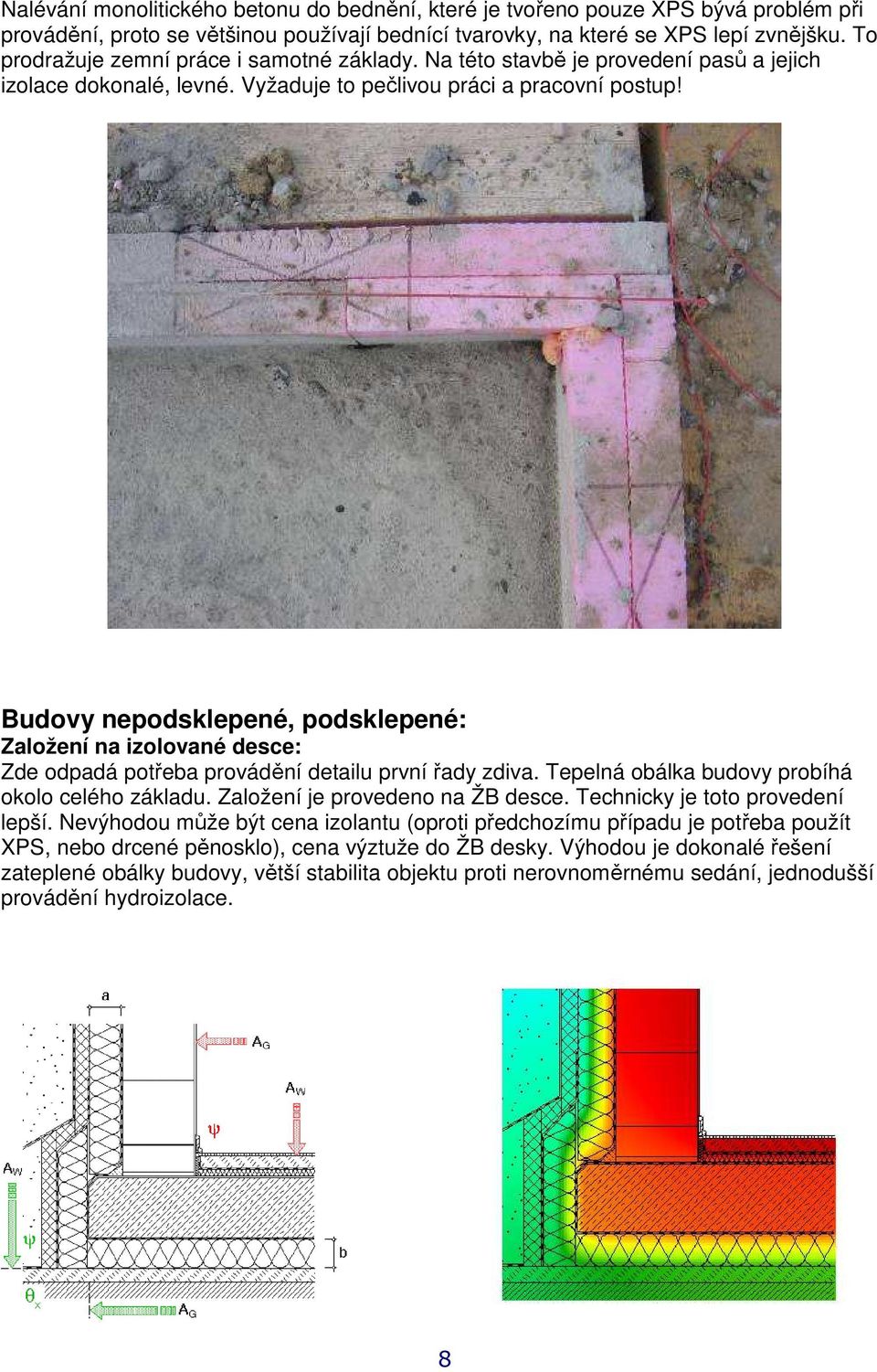 Budovy nepodsklepené, podsklepené: Založení na izolované desce: Zde odpadá potřeba provádění detailu první řady zdiva. Tepelná obálka budovy probíhá okolo celého základu.