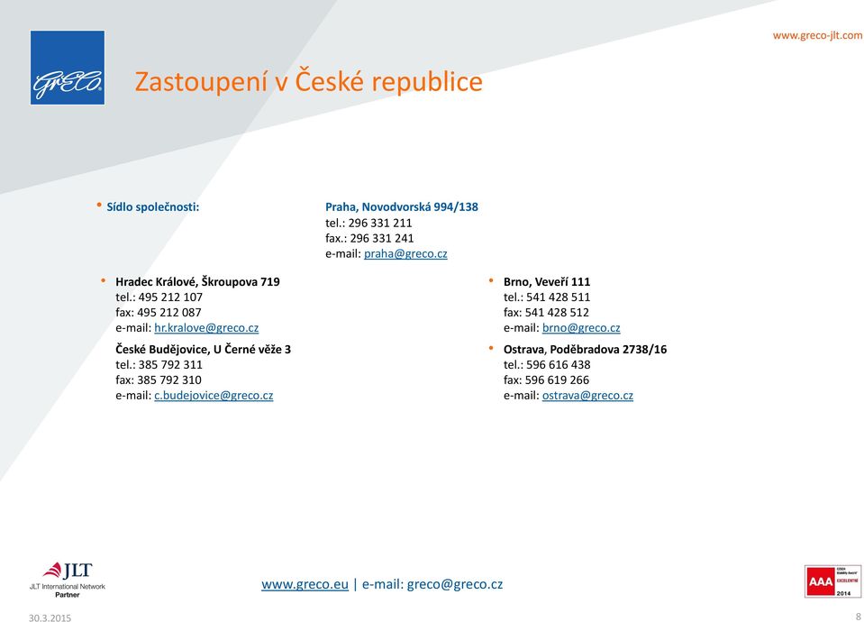 : 385 792 311 fax: 385 792 310 e-mail: c.budejovice@greco.cz Brno, Veveří 111 tel.: 541 428 511 fax: 541 428 512 e-mail: brno@greco.