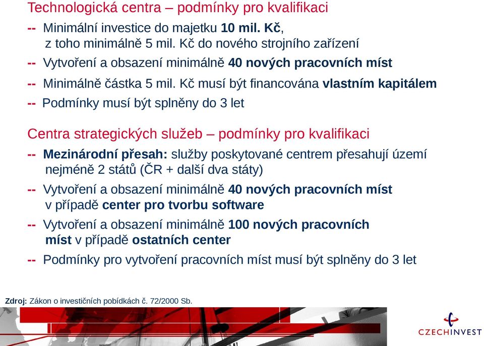 Kč musí být financována vlastním kapitálem -- Podmínky musí být splněny do 3 let Centra strategických služeb podmínky pro kvalifikaci -- Mezinárodní přesah: služby poskytované centrem přesahují