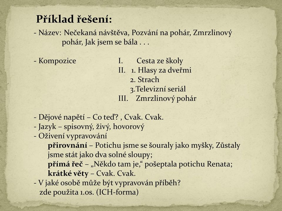 Cvak. - Jazyk spisovný, živý, hovorový - Oživení vypravování přirovnání Potichu jsme se šouraly jako myšky, Zůstaly jsme stát jako