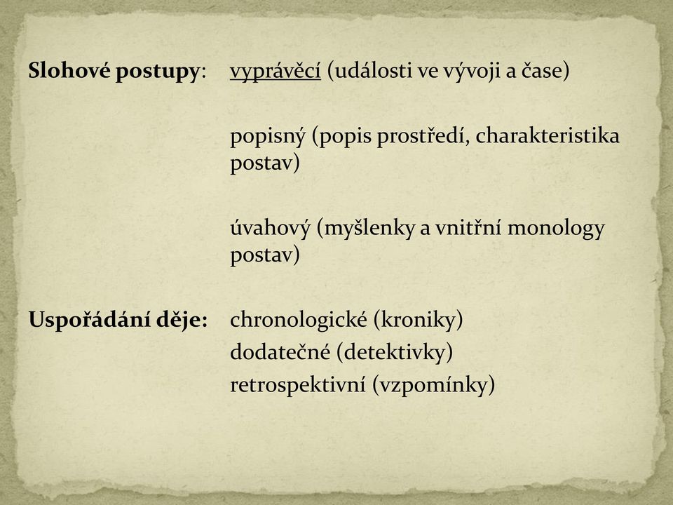 (myšlenky a vnitřní monology postav) Uspořádání děje: