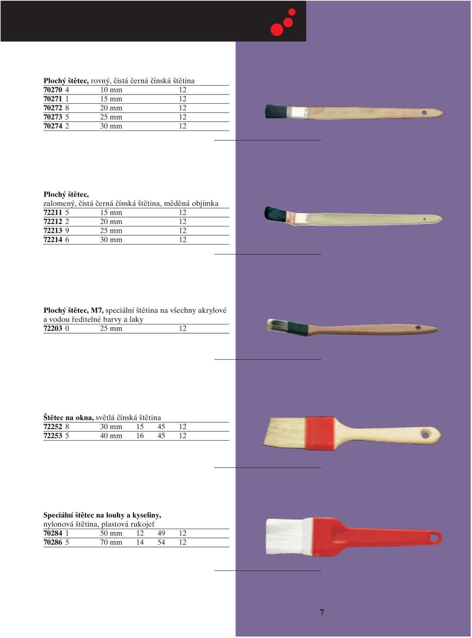 M7, speciální štětina na všechny akrylové a vodou ředitelné barvy a laky 72203 0 25 mm 12 Štětec na okna, světlá čínská štětina 72252 8 30 mm 15