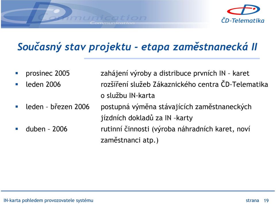 2006 postupná výměna stávajících zaměstnaneckých jízdních dokladů za IN karty duben 2006 rutinní