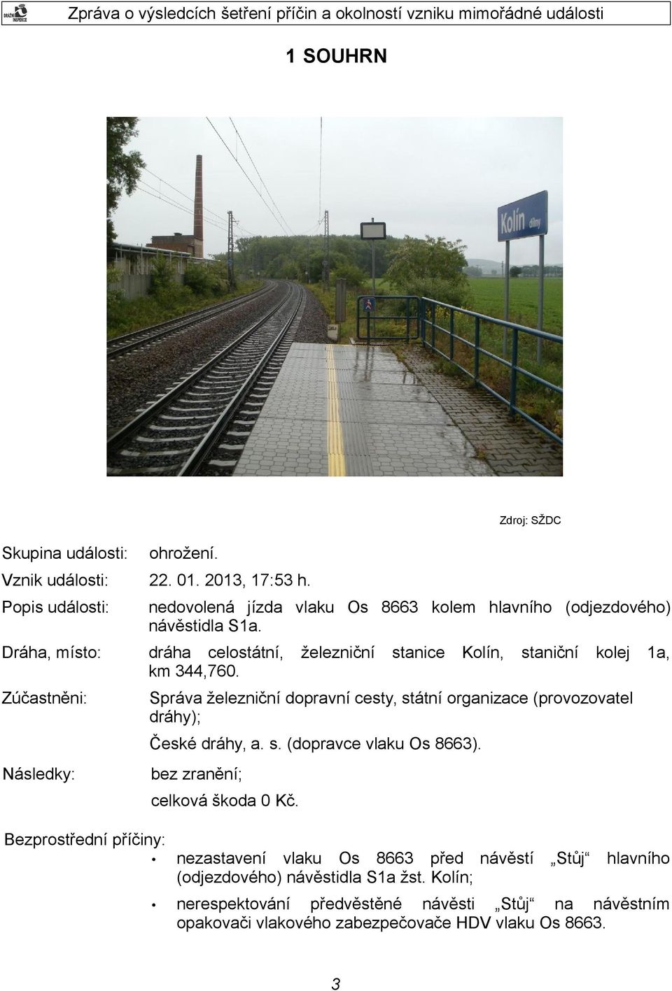 Zúčastněni: Správa železniční dopravní cesty, státní organizace (provozovatel dráhy); železniční stanice Kolín, staniční kolej 1a, České dráhy, a. s. (dopravce vlaku Os 8663).