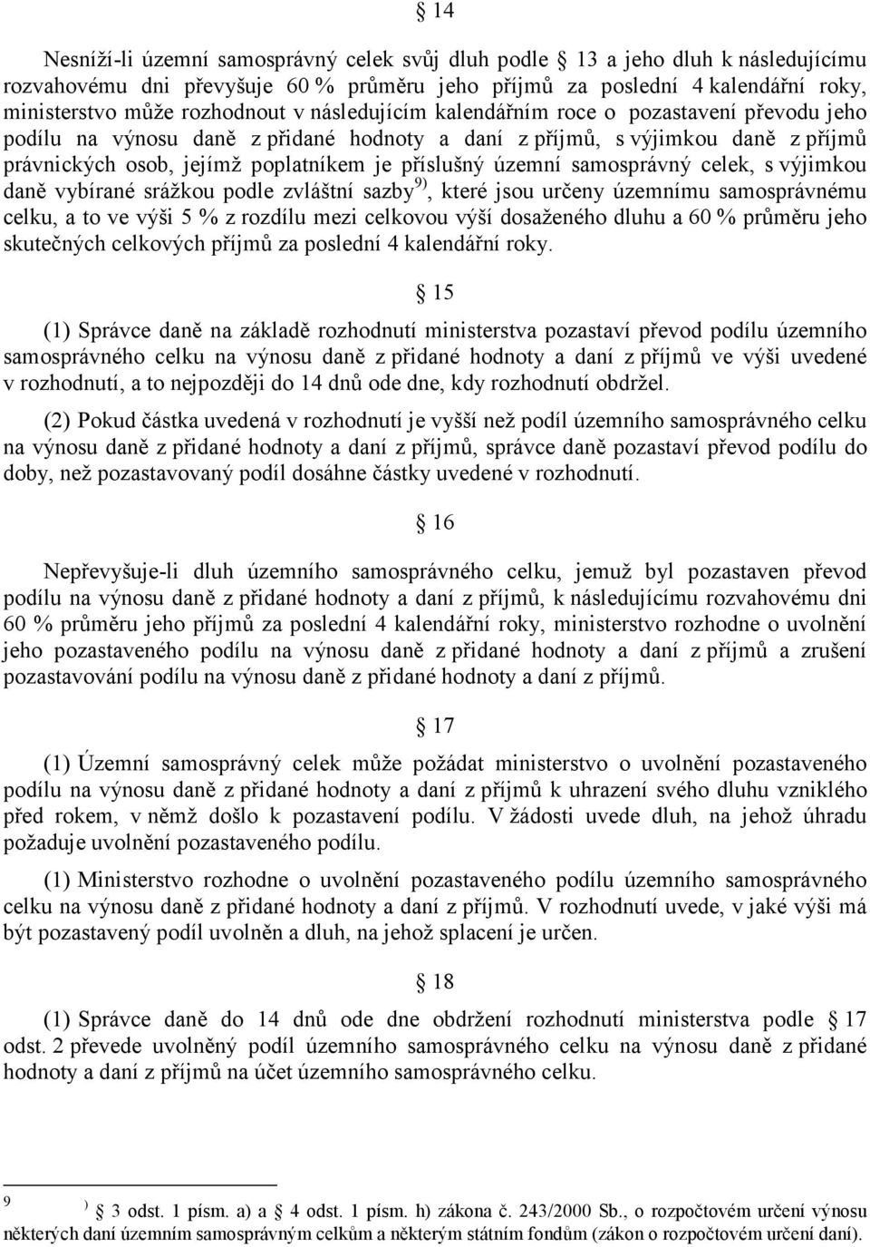 samosprávný celek, s výjimkou daně vybírané srážkou podle zvláštní sazby 9), které jsou určeny územnímu samosprávnému celku, a to ve výši 5 % z rozdílu mezi celkovou výší dosaženého dluhu a 60 %