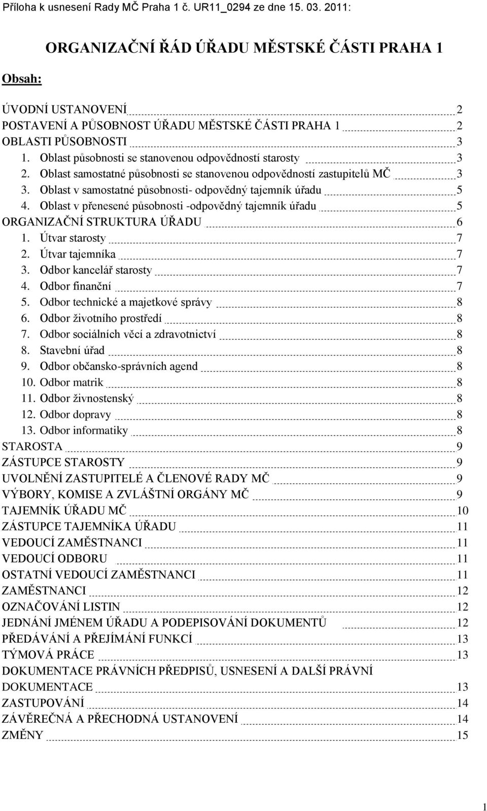 Oblast v přenesené působnosti -odpovědný tajemník úřadu 5 ORGANIZAČNÍ STRUKTURA ÚŘADU 6 1. Útvar starosty 7 2. Útvar tajemníka 7 3. Odbor kancelář starosty 7 4. Odbor finanční 7 5.