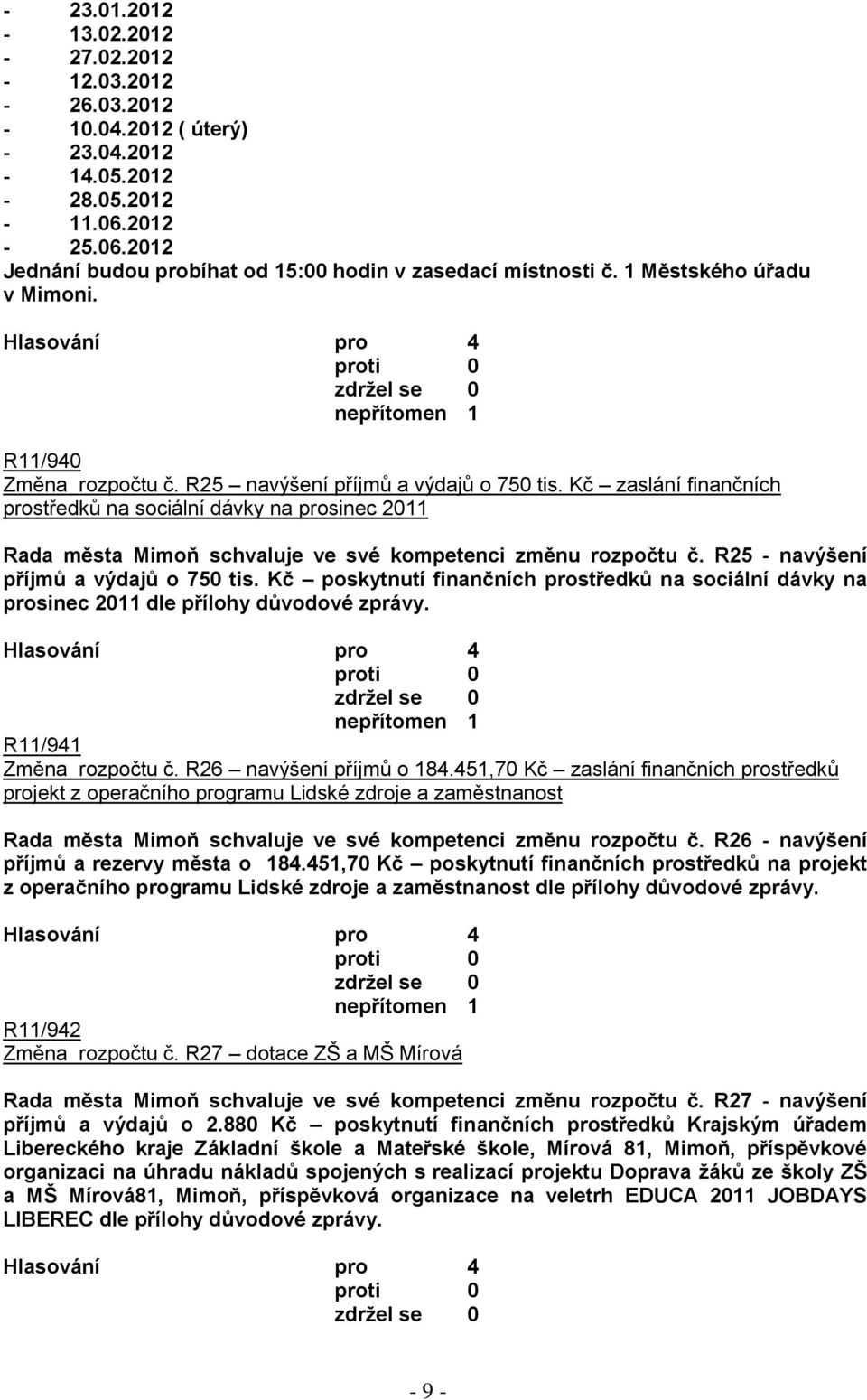 Kč zaslání finančních prostředků na sociální dávky na prosinec 2011 Rada města Mimoň schvaluje ve své kompetenci změnu rozpočtu č. R25 - navýšení příjmů a výdajů o 750 tis.