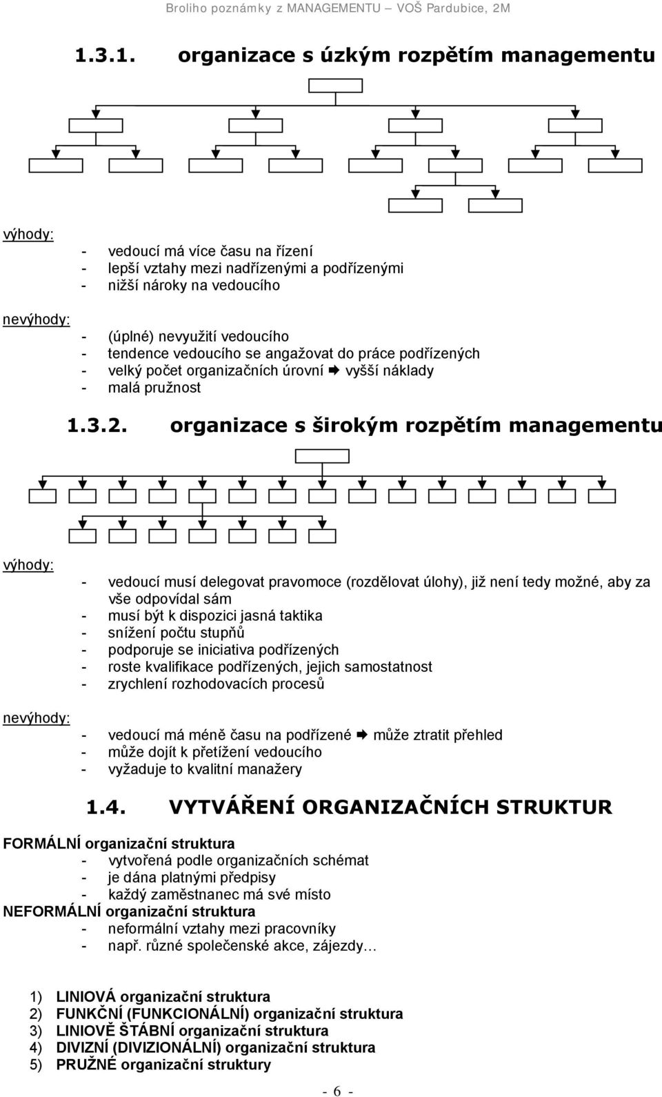 organizace s širokým rozpětím managementu výhody: nevýhody: - vedoucí musí delegovat pravomoce (rozdělovat úlohy), již není tedy možné, aby za vše odpovídal sám - musí být k dispozici jasná taktika -