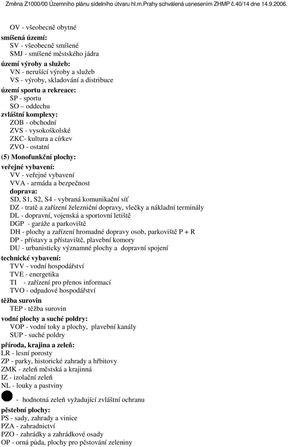a bezpečnost doprava: SD, S1, S2, S4 - vybraná komunikační síť DZ - tratě a zařízení železniční dopravy, vlečky a nákladní terminály DL - dopravní, vojenská a sportovní letiště DGP - garáže a