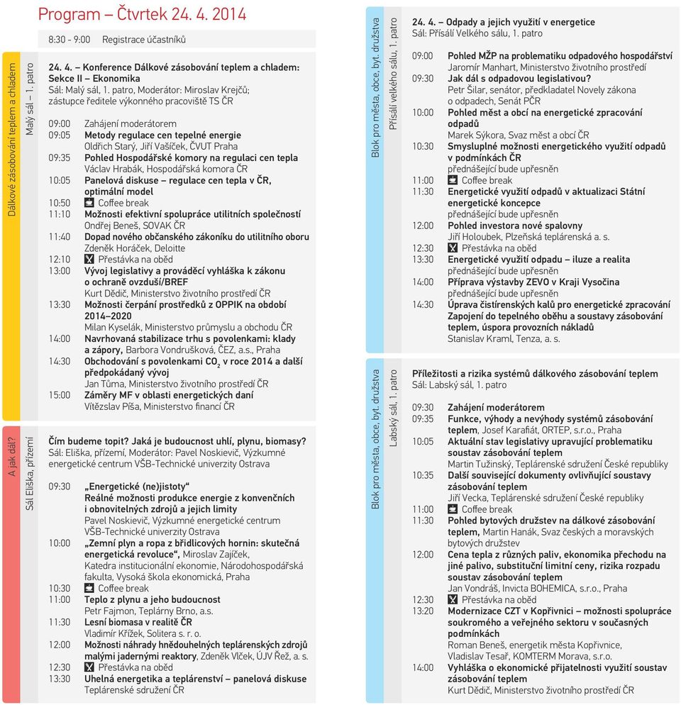 patro, Moderátor: Miroslav Krejčů; zástupce ředitele výkonného pracoviště TS ČR 09:00 Zahájení moderátorem 09:05 Metody regulace cen tepelné energie Oldřich Starý, Jiří Vašíček, ČVUT Praha 09:35