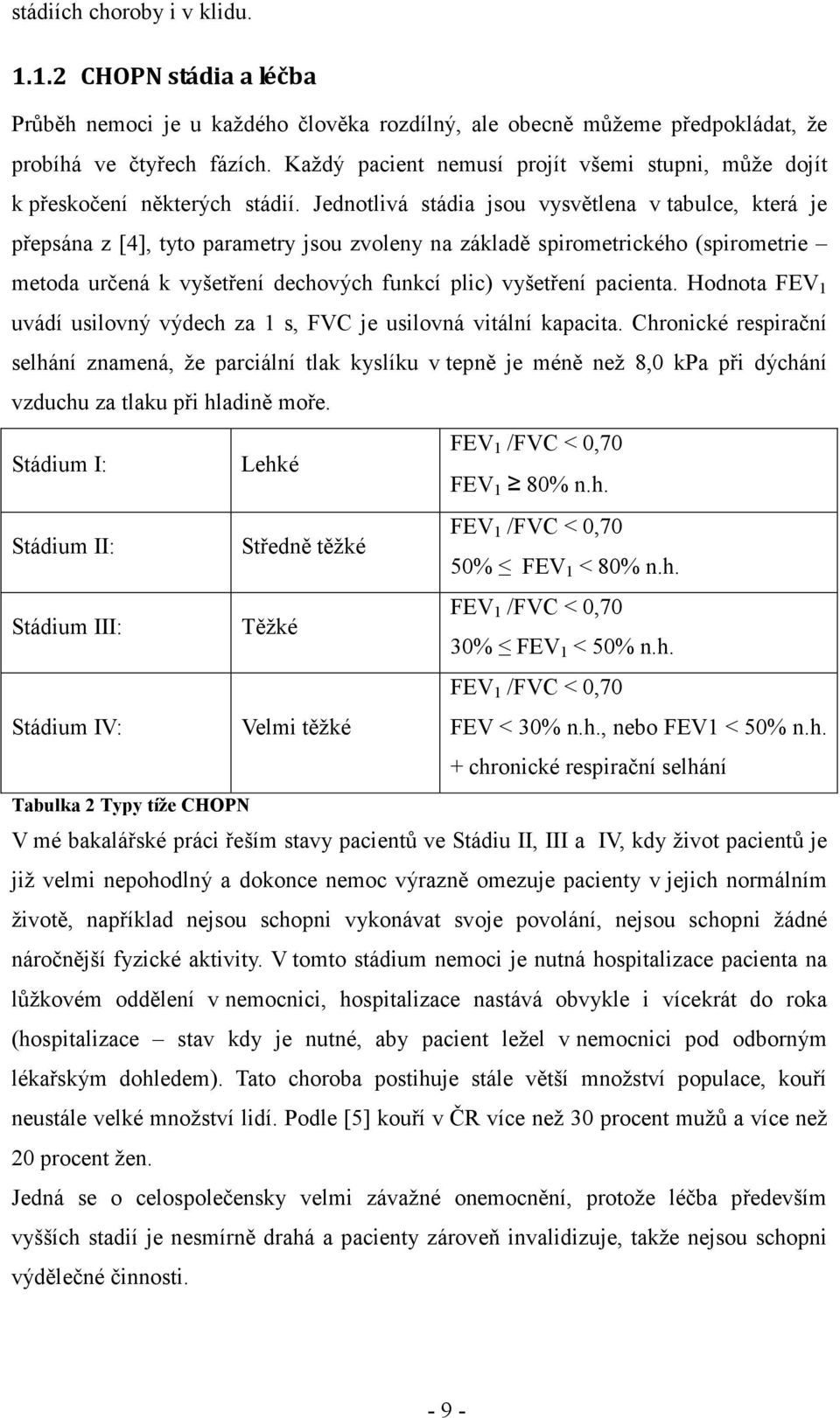 Jedotlvá stáda jsou vysvětlea v tabulce, která je řesáa z [4], tyto arametry jsou zvoley a základě srometrckého (srometre metoda určeá k vyšetřeí dechových fukcí lc) vyšetřeí aceta.