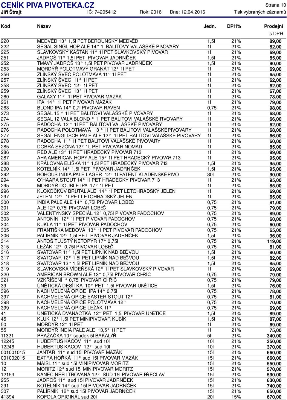 JADROŠ 11 1,5l PET PIVOVAR JADRNÍČEK 1,5l 21% 85,00 252 TMAVÝ JADROŠ 13 1,5l PET PIVOVAR JADRNÍČEK 1,5l 21% 90,00 253 MORDÝŘ POLOTMAVÝ GRANÁT 12 1l PET 1l 21% 256 ZLÍNSKÝ ŠVEC POLOTMAVÁ 11 1l PET 1l