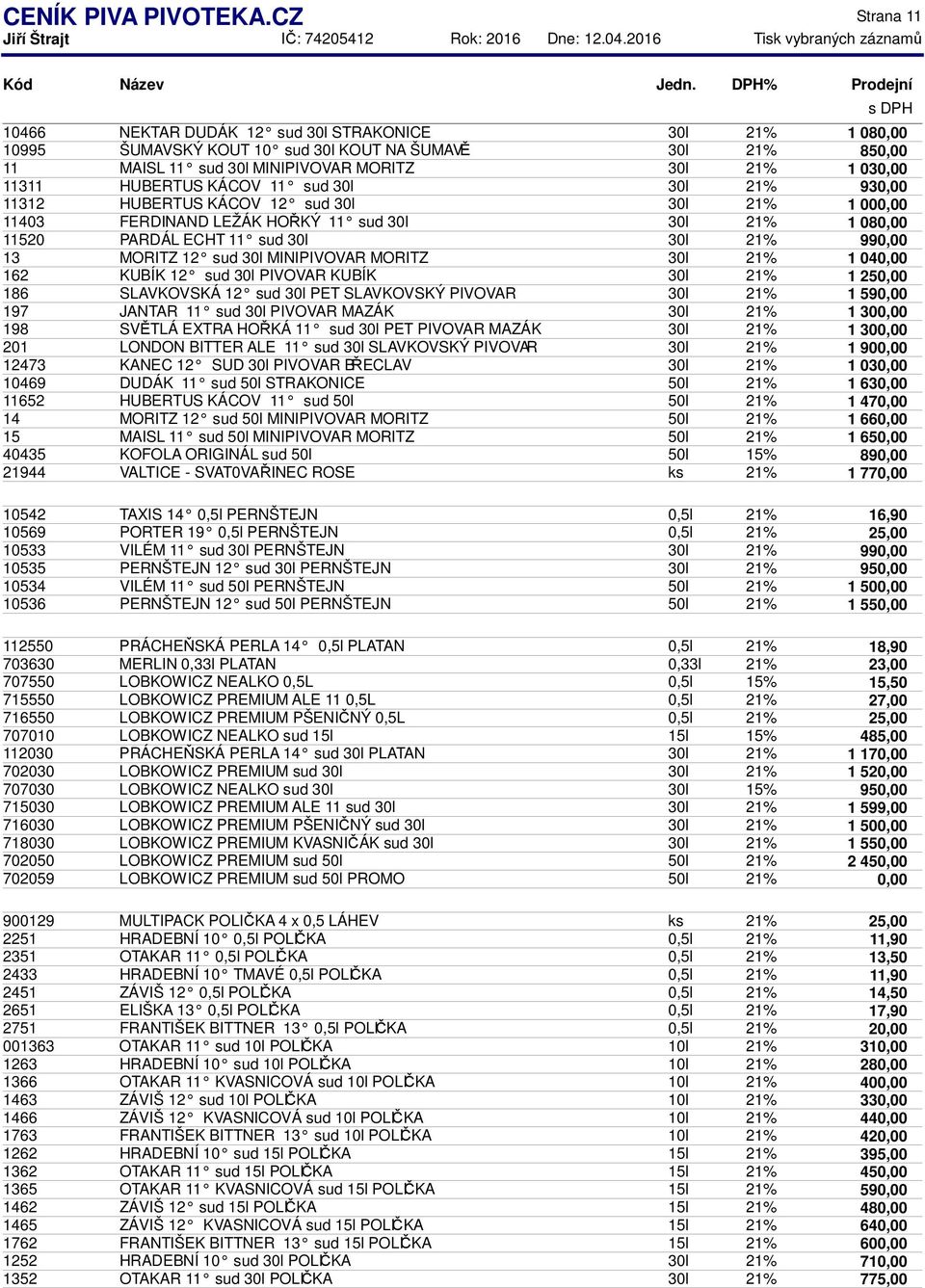 HUBERTUS KÁCOV 11 sud 30l 30l 21% 930,00 11312 HUBERTUS KÁCOV 12 sud 30l 30l 21% 1 000,00 11403 FERDINAND LEŽÁK HOŘKÝ 11 sud 30l 30l 21% 1 080,00 11520 PARDÁL ECHT 11 sud 30l 30l 21% 13 MORITZ 12 sud