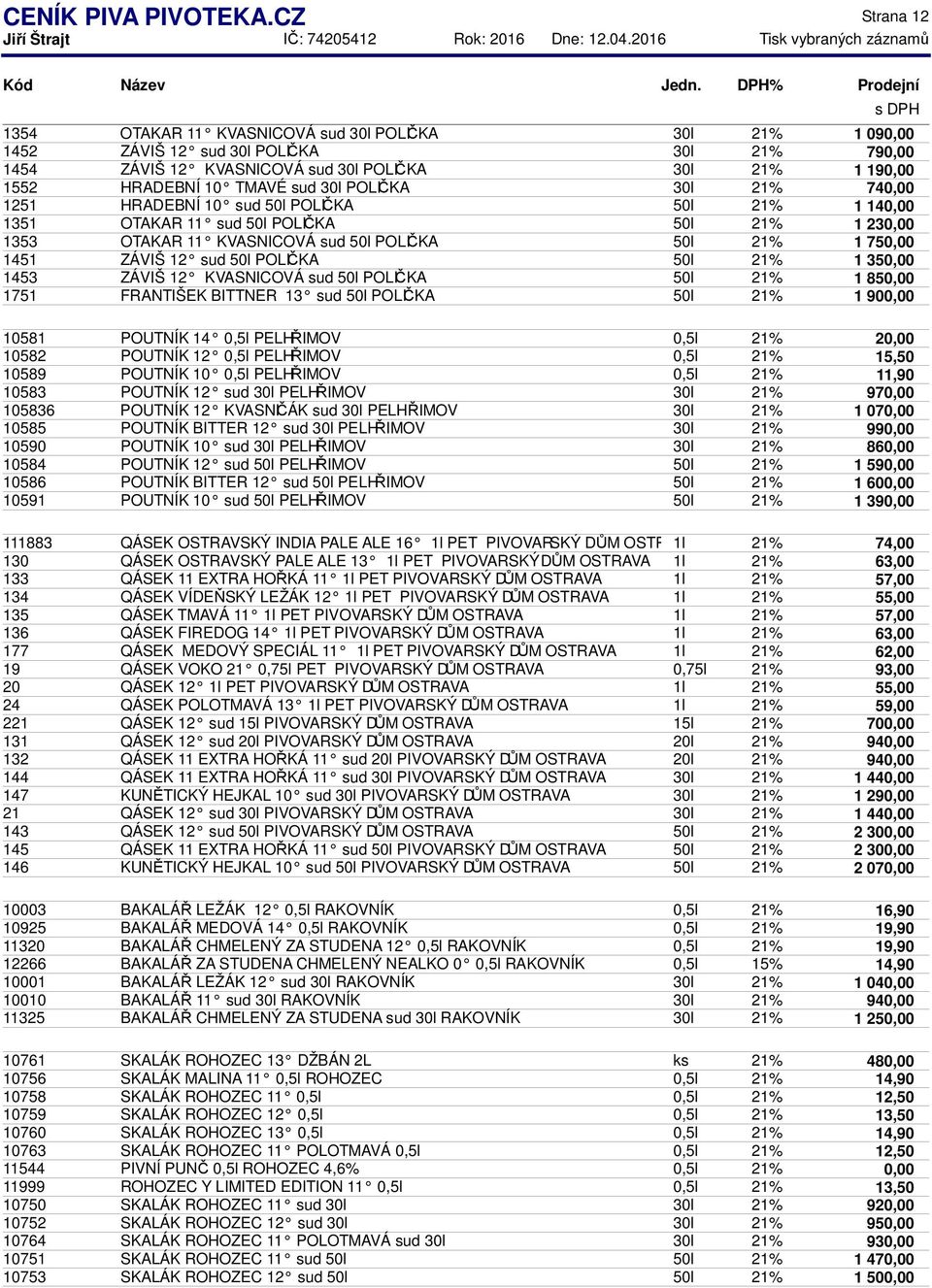 sud 30l POLIČKA 30l 21% 740,00 1251 HRADEBNÍ 10 sud 50l POLIČKA 50l 21% 1 140,00 1351 OTAKAR 11 sud 50l POLIČKA 50l 21% 1 230,00 1353 OTAKAR 11 KVASNICOVÁ sud 50l POLIČKA 50l 21% 1 750,00 1451 ZÁVIŠ