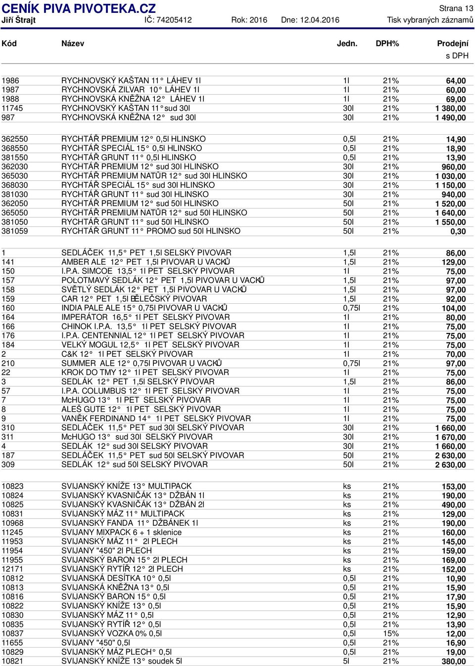 987 RYCHNOVSKÁ KNĚŽNA 12 sud 30l 30l 21% 1 490,00 362550 RYCHTÁŘ PREMIUM 12 0,5l HLINSKO 0,5l 21% 368550 RYCHTÁŘ SPECIÁL 15 0,5l HLINSKO 0,5l 21% 381550 RYCHTÁŘ GRUNT 11 0,5l HLINSKO 0,5l 21% 362030