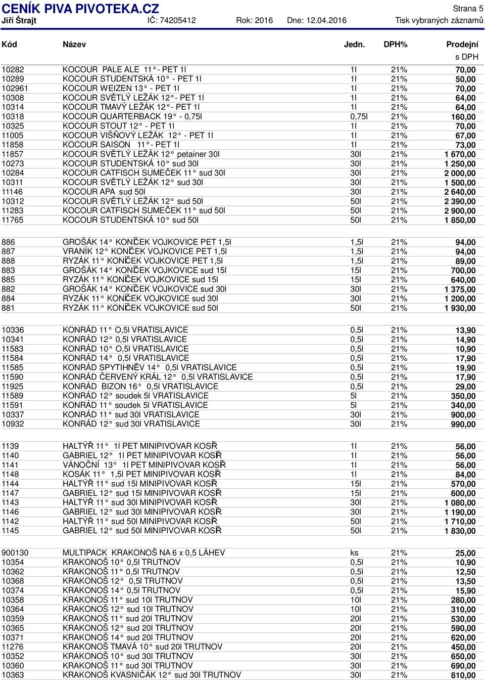 64,00 10314 KOCOUR TMAVÝ LEŽÁK 12 - PET 1l 1l 21% 64,00 10318 KOCOUR QUARTERBACK 19-0,75l 0,75l 21% 1 10325 KOCOUR STOUT 12 - PET 1l 1l 21% 70,00 11005 KOCOUR VIŠŇOVÝ LEŽÁK 12 - PET 1l 1l 21% 11858