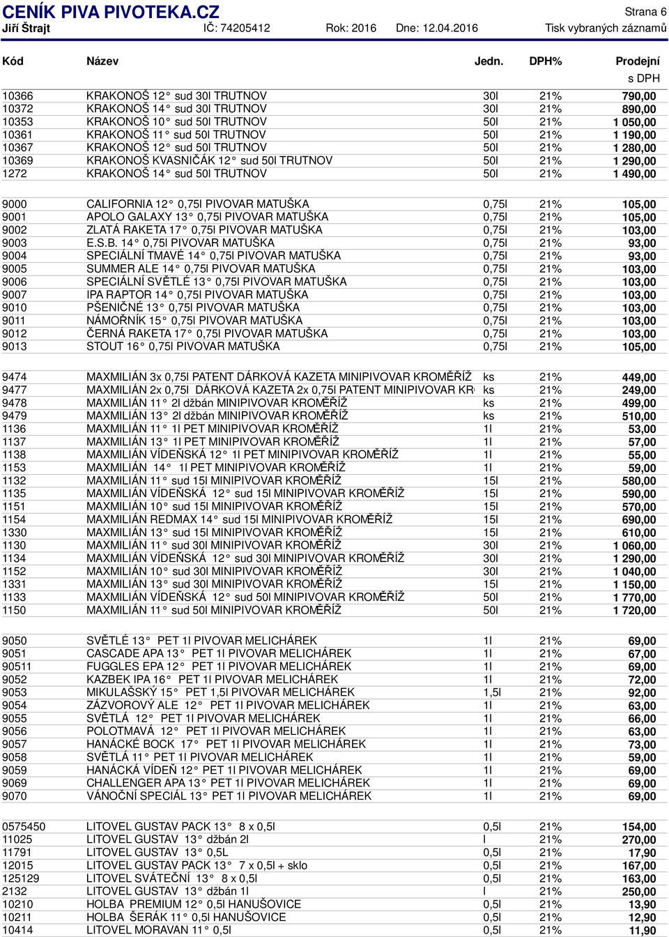 21% 1 190,00 10367 KRAKONOŠ 12 sud 50l TRUTNOV 50l 21% 1 280,00 10369 KRAKONOŠ KVASNIČÁK 12 sud 50l TRUTNOV 50l 21% 1 290,00 1272 KRAKONOŠ 14 sud 50l TRUTNOV 50l 21% 1 490,00 9000 CALIFORNIA 12 0,75l