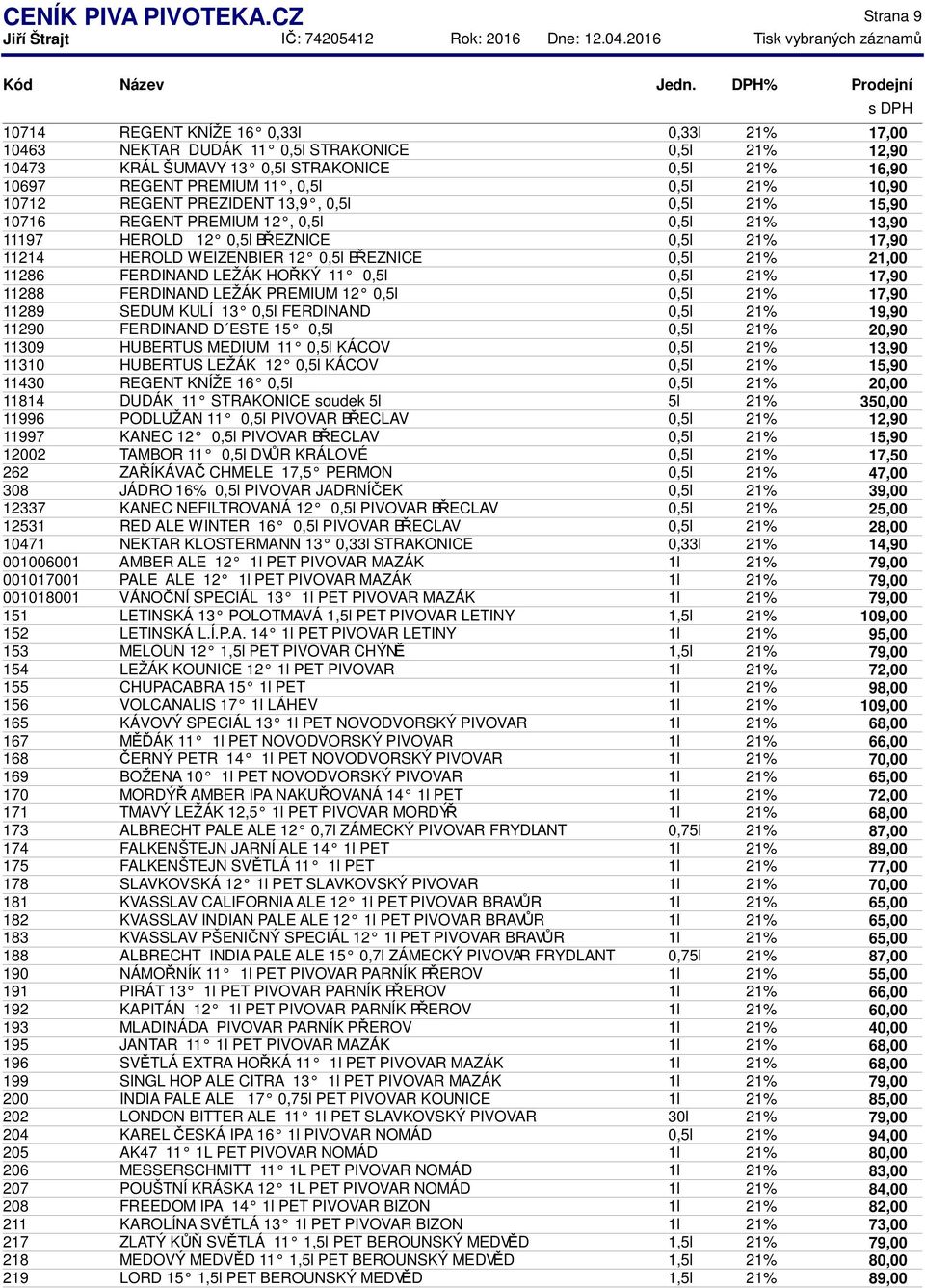 REGENT PREZIDENT 13,9, 0,5l 0,5l 21% 10716 REGENT PREMIUM 12, 0,5l 0,5l 21% 11197 HEROLD 12 0,5l BŘEZNICE 0,5l 21% 11214 HEROLD WEIZENBIER 12 0,5l BŘEZNICE 0,5l 21% 11286 FERDINAND LEŽÁK HOŘKÝ 11