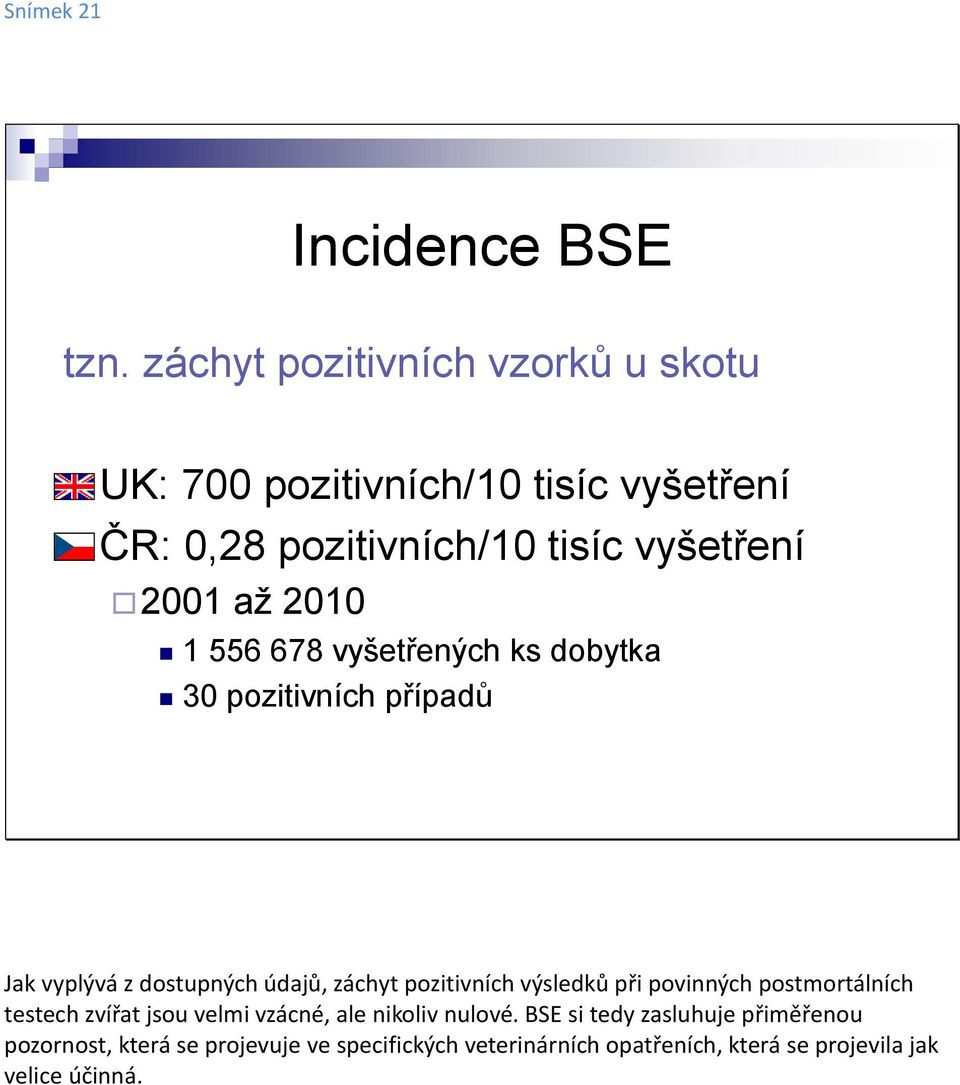 2010 1 556 678 vyšetřených ks dobytka 30 pozitivních případů Jak vyplývá z dostupných údajů, záchyt pozitivních výsledků