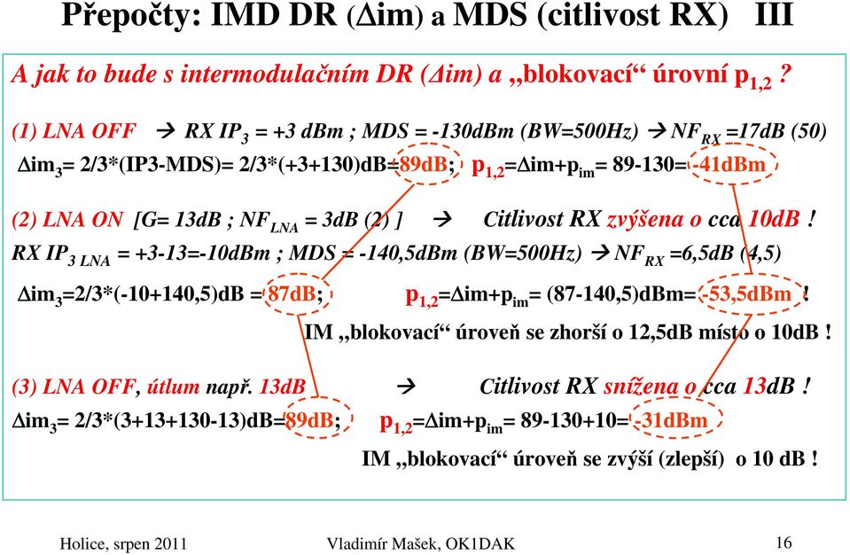 Citlivost RX zvýšena o cca 10dB! RX IP 3 LNA = +3-13=-10dBm ; MDS = -140,5dBm (BW=500Hz) NF RX =6,5dB (4,5) im 3 =2/3*(-10+140,5)dB = 87dB; p 1,2 = im+p im = (87-140,5)dBm= -53,5dBm!