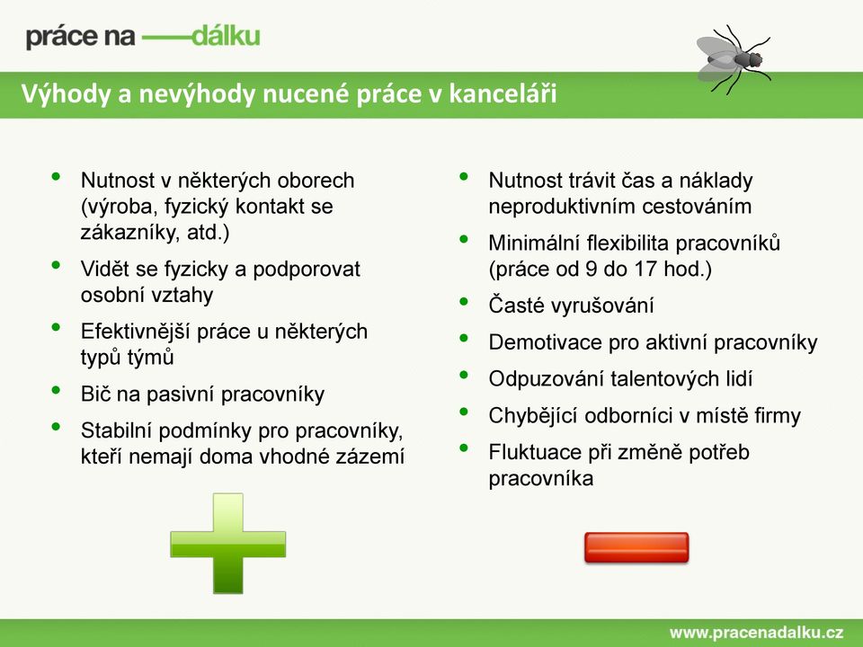 pracovníky, kteří nemají doma vhodné zázemí Nutnost trávit čas a náklady neproduktivním cestováním Minimální flexibilita pracovníků (práce