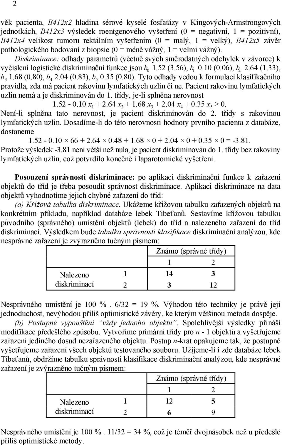 Diskriminace: odhady parametrů (včetně svých směrodatných odchylek v závorce) k vyčíslení logistické diskriminační funkce jsou b 1.52 (3.56), b 0.10 (0.06), b 2.64 (1.33), 0 1 2 b 1.68 (0.80), b 2.