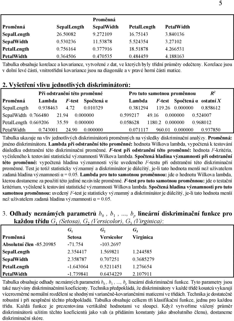 Korelace jsou v dolní levé části, vnitrotřídní kovariance jsou na diagonále a v pravé horní části matice. 2.