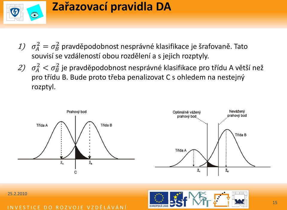 2) σ A 2 < σ B 2 je pravděpodobnost nesprávné klasifikace pro třídu A větší