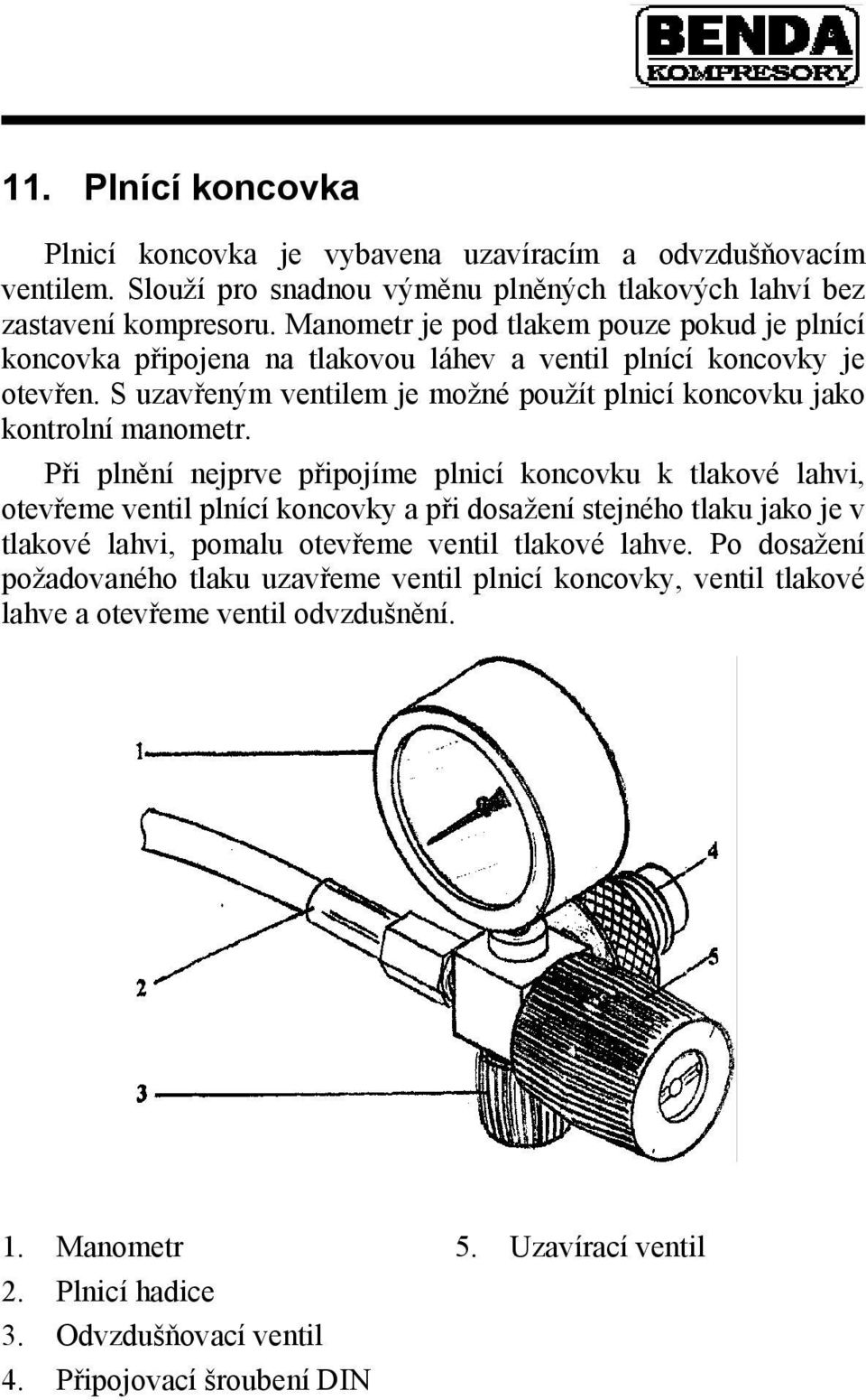 S uzavřeným ventilem je možné použít plnicí koncovku jako kontrolní manometr.