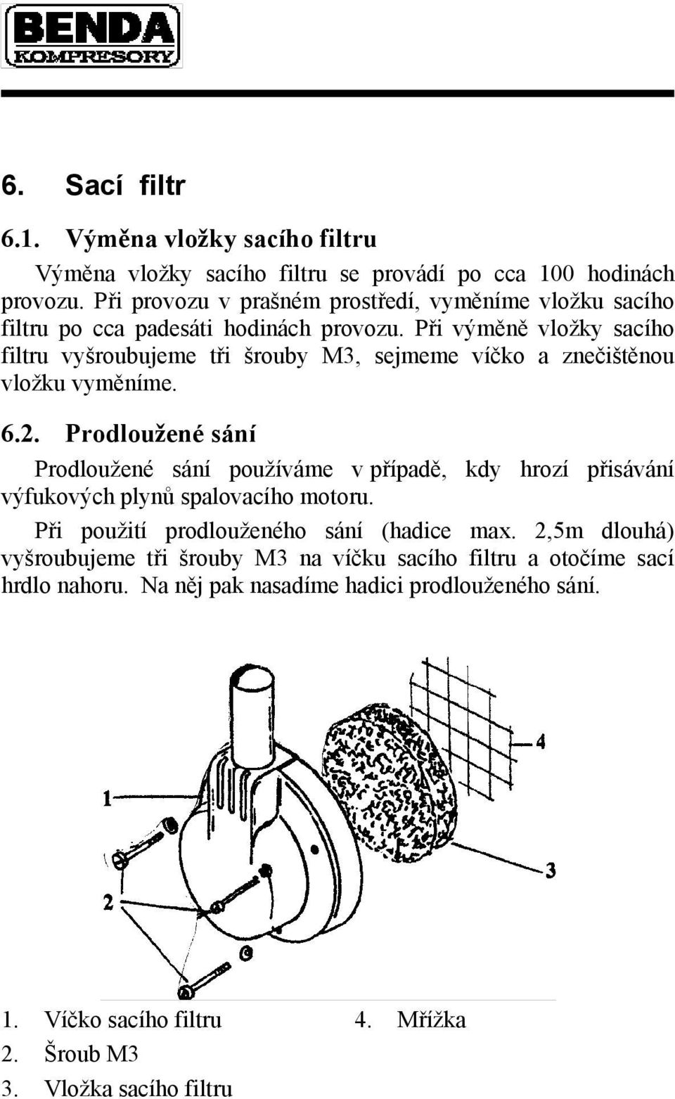 Při výměně vložky sacího filtru vyšroubujeme tři šrouby M3, sejmeme víčko a znečištěnou vložku vyměníme. 6.2.