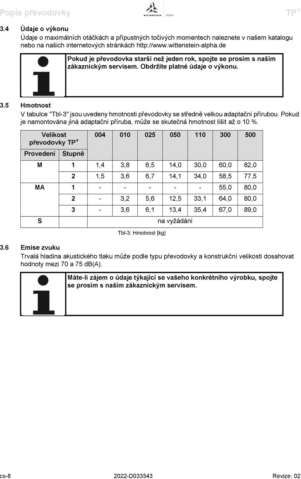 5 Hmotnost V tabulce "Tbl-3" jsou uvedeny hmotnosti převodovky se středně velkou adaptační přírubou. Pokud je namontována jiná adaptační příruba, může se skutečná hmotnost lišit až o 10 %.