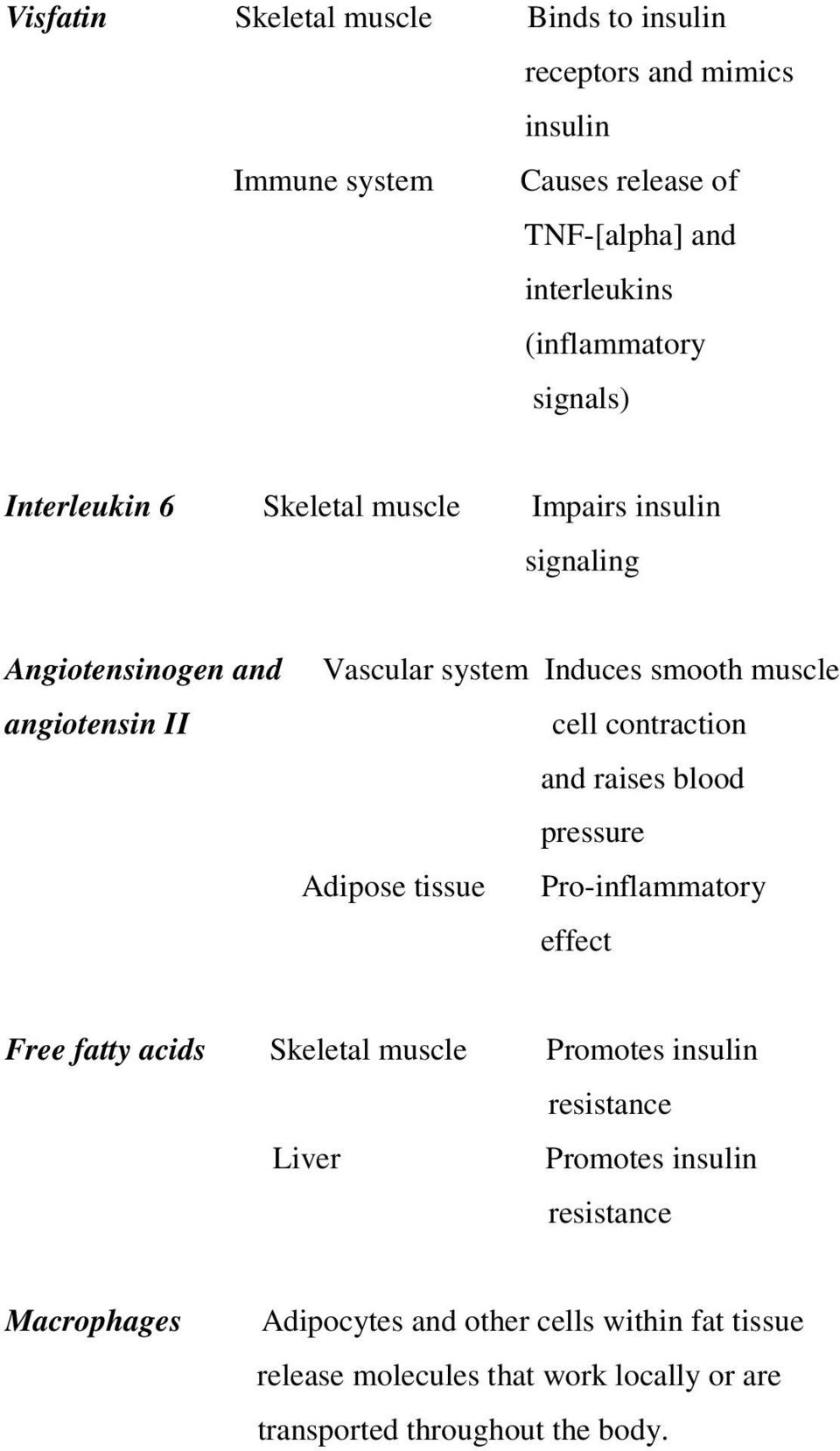 contraction and raises blood pressure Adipose tissue Pro-inflammatory effect Free fatty acids Skeletal muscle Promotes insulin resistance Liver
