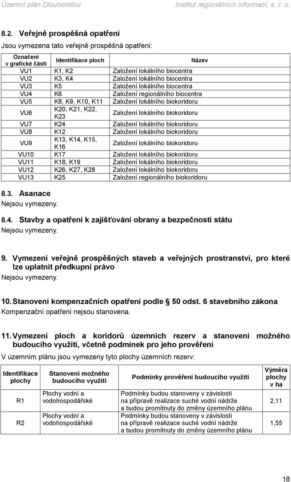 lokálního biokoridoru VU8 K12 Založení lokálního biokoridoru VU9 K13, K14, K15, K16 Založení lokálního biokoridoru VU10 K17 Založení lokálního biokoridoru VU11 K18, K19 Založení lokálního biokoridoru