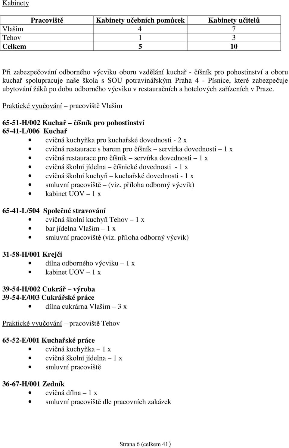 Praktické vyučování pracoviště Vlašim 65-51-H/002 Kuchař číšník pro pohostinství 65-41-L/006 Kuchař cvičná kuchyňka pro kuchařské dovednosti - 2 x cvičná restaurace s barem pro číšník servírka
