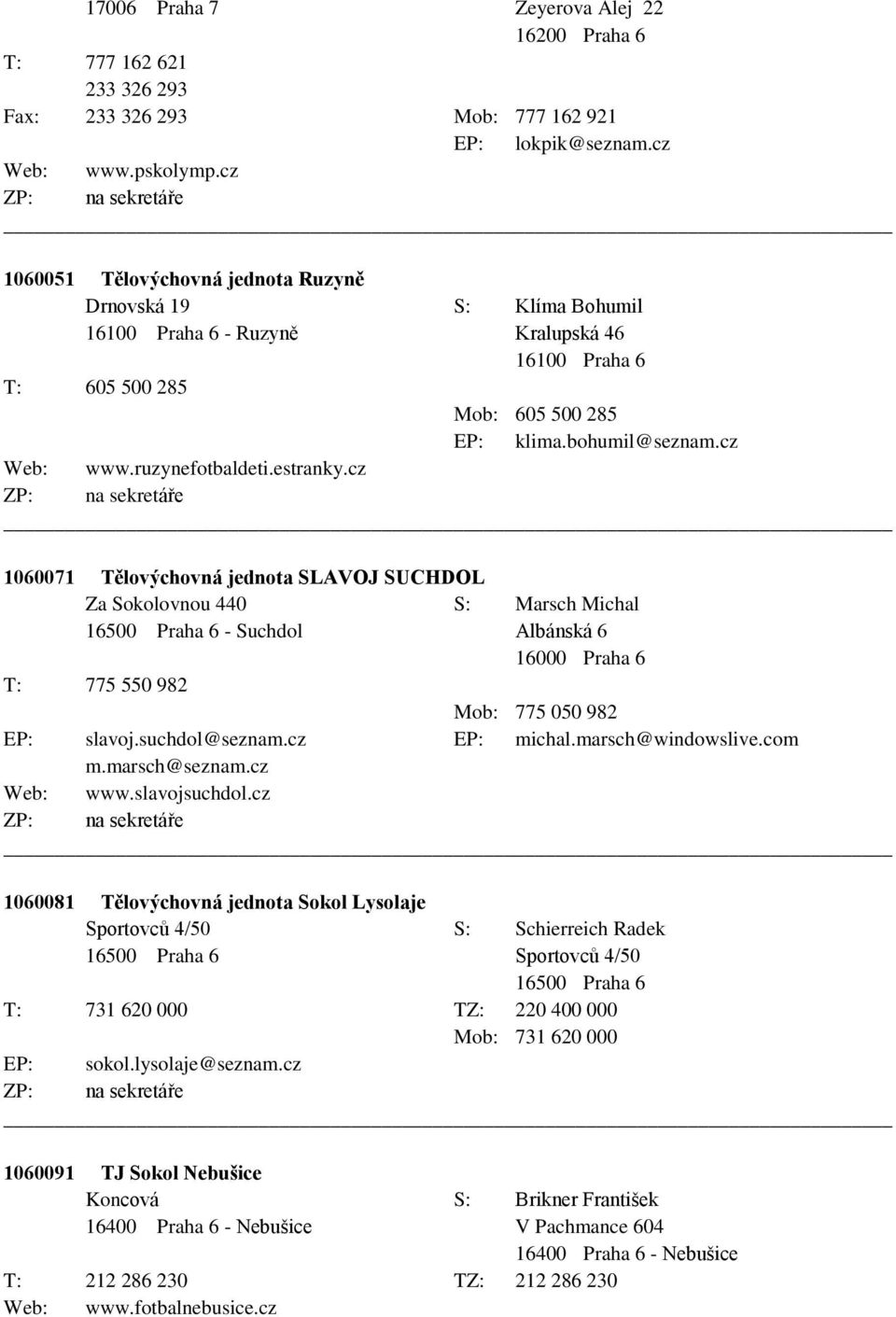 ruzynefotbaldeti.estranky.cz 1060071 Tělovýchovná jednota SLAVOJ SUCHDOL Za Sokolovnou 440 S: Marsch Michal 16500 Praha 6 - Suchdol Albánská 6 16000 Praha 6 T: 775 550 982 Mob: 775 050 982 EP: slavoj.