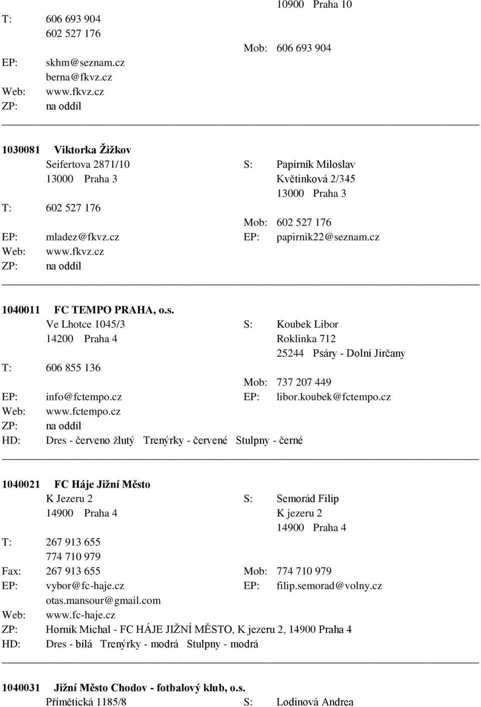 cz EP: papirnik22@seznam.cz Web: www.fkvz.cz 1040011 FC TEMPO PRAHA, o.s. Ve Lhotce 1045/3 S: Koubek Libor 14200 Praha 4 Roklinka 712 25244 Psáry - Dolní Jirčany T: 606 855 136 Mob: 737 207 449 EP: info@fctempo.