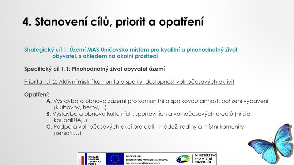 volnočasových aktivit A Výstavba a obnova zázemí pro komunitní a spolkovou činnost, pořízení vybavení (klubovny, herny, ) B Výstavba a