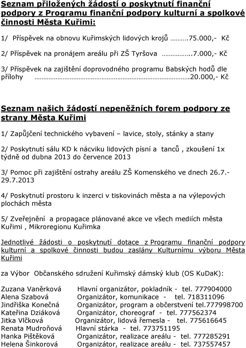 000,- Kč Seznam našich žádostí nepeněžních forem podpory ze strany Města Kuřimi 1/ Zapůjčení technického vybavení lavice, stoly, stánky a stany 2/ Poskytnutí sálu KD k nácviku lidových písní a tanců,