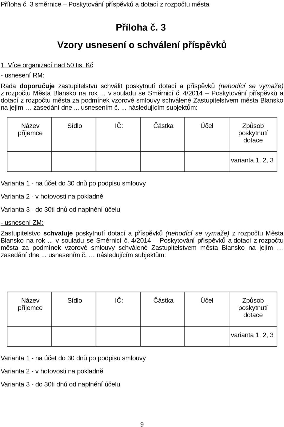 4/2014 Poskytování příspěvků a dotací z rozpočtu města za podmínek vzorové smlouvy schválené Zastupitelstvem města Blansko na jejím zasedání dne... usnesením č.