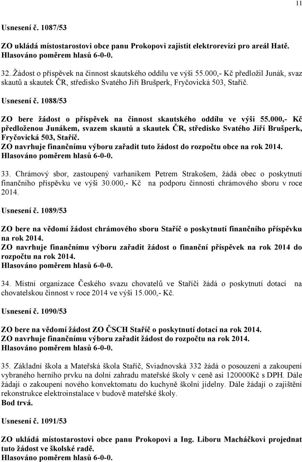 000,- Kč předloženou Junákem, svazem skautů a skautek ČR, středisko Svatého Jiří Brušperk, Fryčovická 503, Staříč. ZO navrhuje finančnímu výboru zařadit tuto žádost do rozpočtu obce na rok 2014. 33.