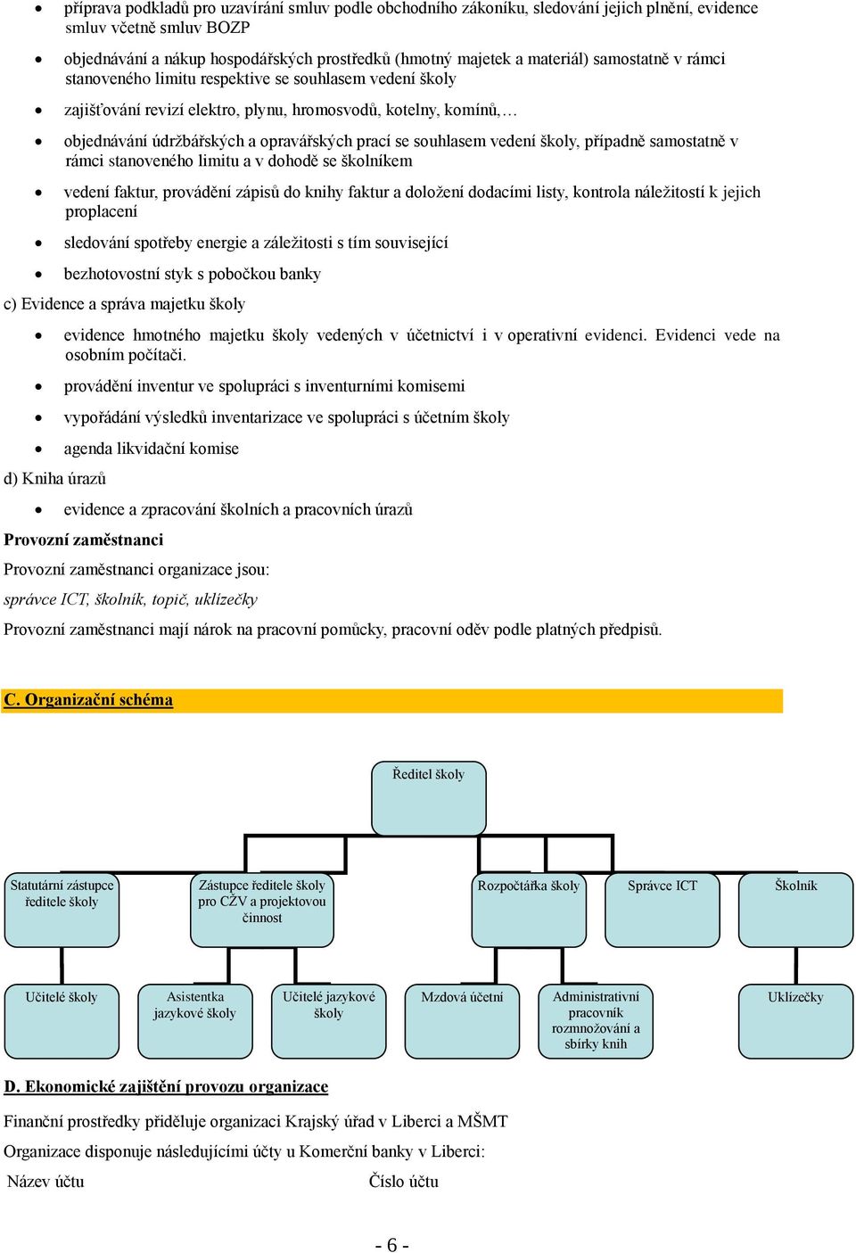 vedení školy, případně samostatně v rámci stanoveného limitu a v dohodě se školníkem vedení faktur, provádění zápisů do knihy faktur a doložení dodacími listy, kontrola náležitostí k jejich