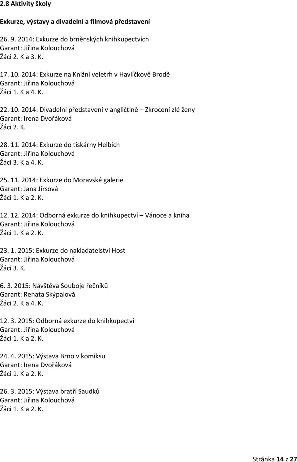 11. 2014: Exkurze do tiskárny Helbich Garant: Jiřina Kolouchová Žáci 3. K a 4. K. 25. 11. 2014: Exkurze do Moravské galerie Garant: Jana Jirsová Žáci 1. K a 2. K. 12.