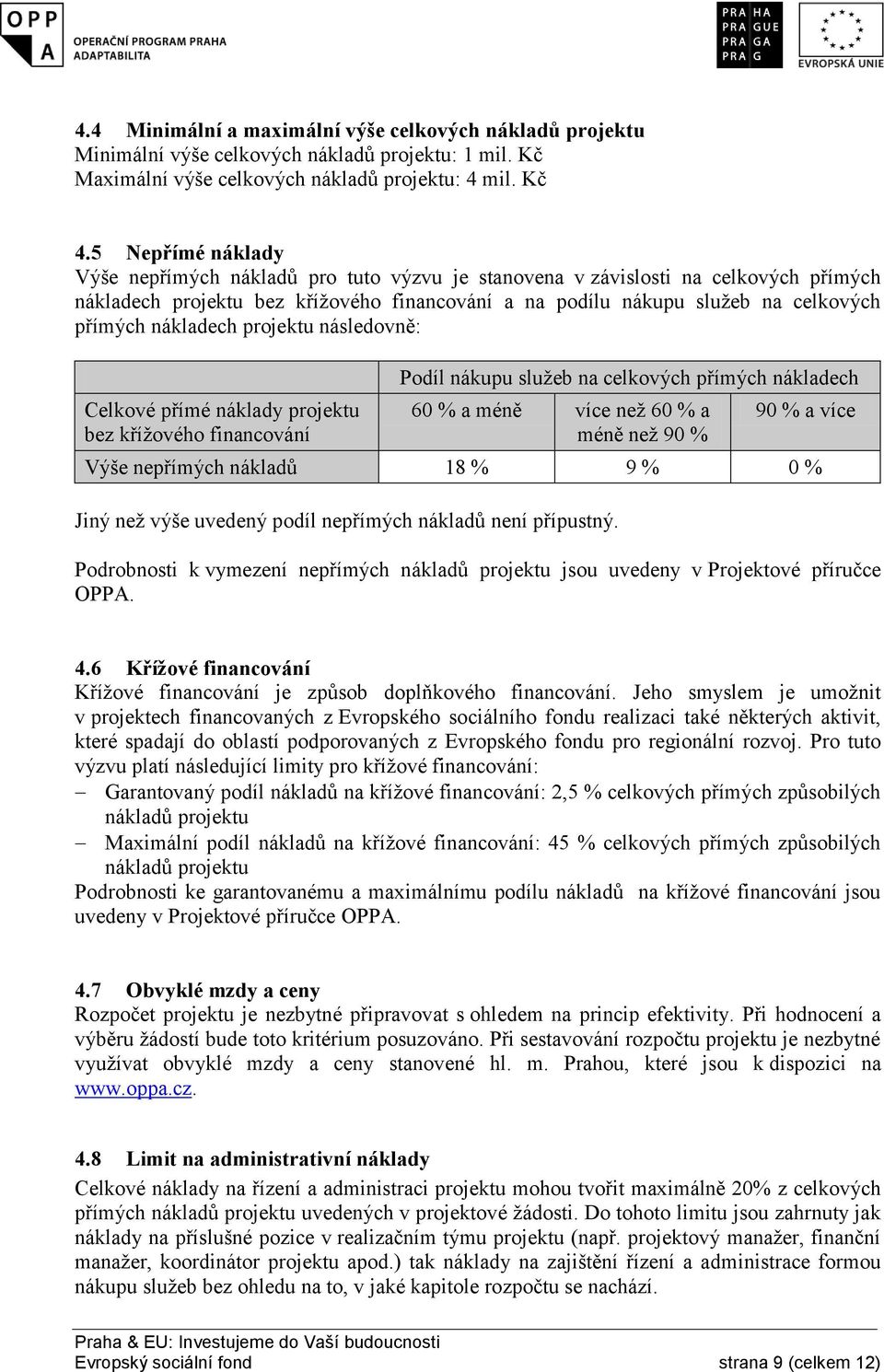 nákladech projektu následovně: Celkové přímé náklady projektu bez křížového financování Podíl nákupu služeb na celkových přímých nákladech 60 % a méně více než 60 % a méně než 90 % 90 % a více Výše