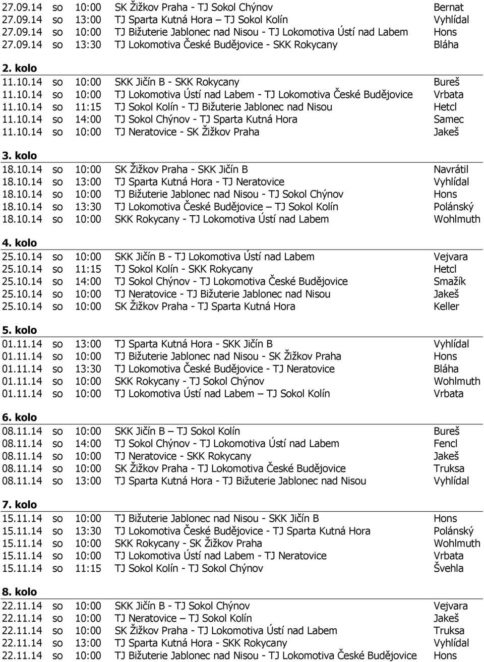 10.14 so 11:15 TJ Sokol Kolín - TJ Bižuterie Jablonec nad Nisou Hetcl 11.10.14 so 14:00 TJ Sokol Chýnov - TJ Sparta Kutná Hora Samec 11.10.14 so 10:00 TJ Neratovice - SK Žižkov Praha Jakeš 3. kolo 18.