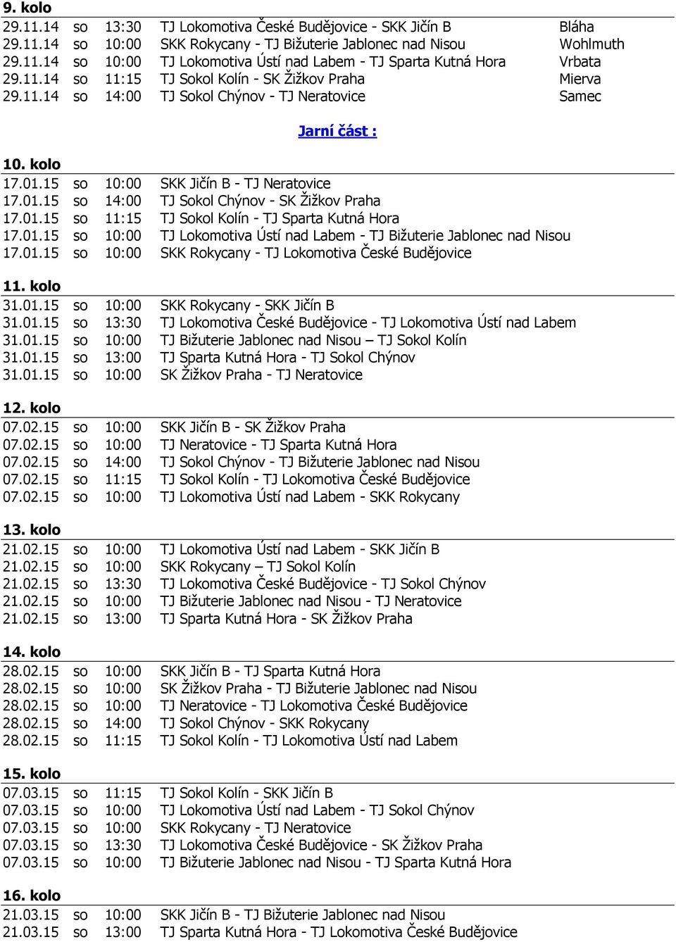 01.15 so 11:15 TJ Sokol Kolín - TJ Sparta Kutná Hora 17.01.15 so 10:00 TJ Lokomotiva Ústí nad Labem - TJ Bižuterie Jablonec nad Nisou 17.01.15 so 10:00 SKK Rokycany - TJ Lokomotiva České Budějovice 11.