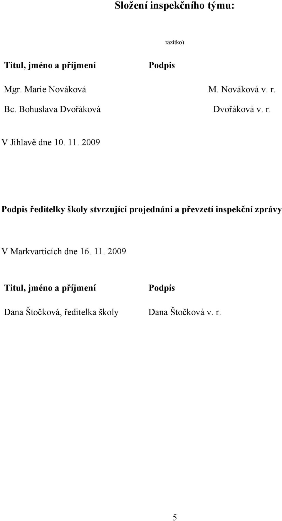 2009 Podpis ředitelky školy stvrzující projednání a převzetí inspekční zprávy V