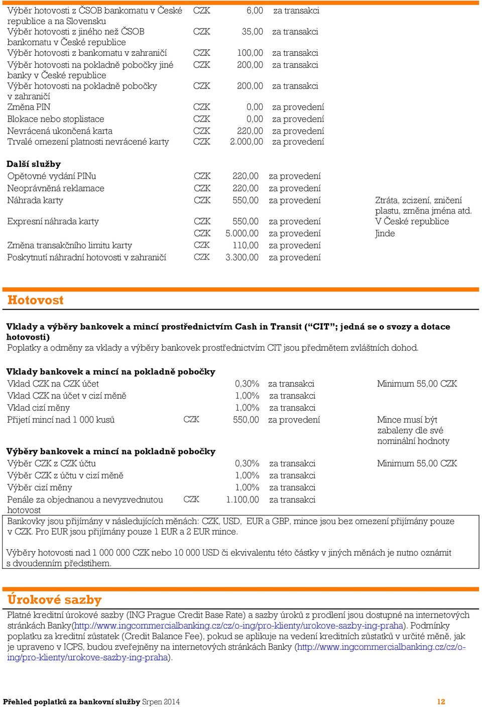 zahraničí Změna PIN CZK 0,00 za provedení Blokace nebo stoplistace CZK 0,00 za provedení Nevrácená ukončená karta Trvalé omezení platnosti nevrácené karty CZK CZK 220,00 2.