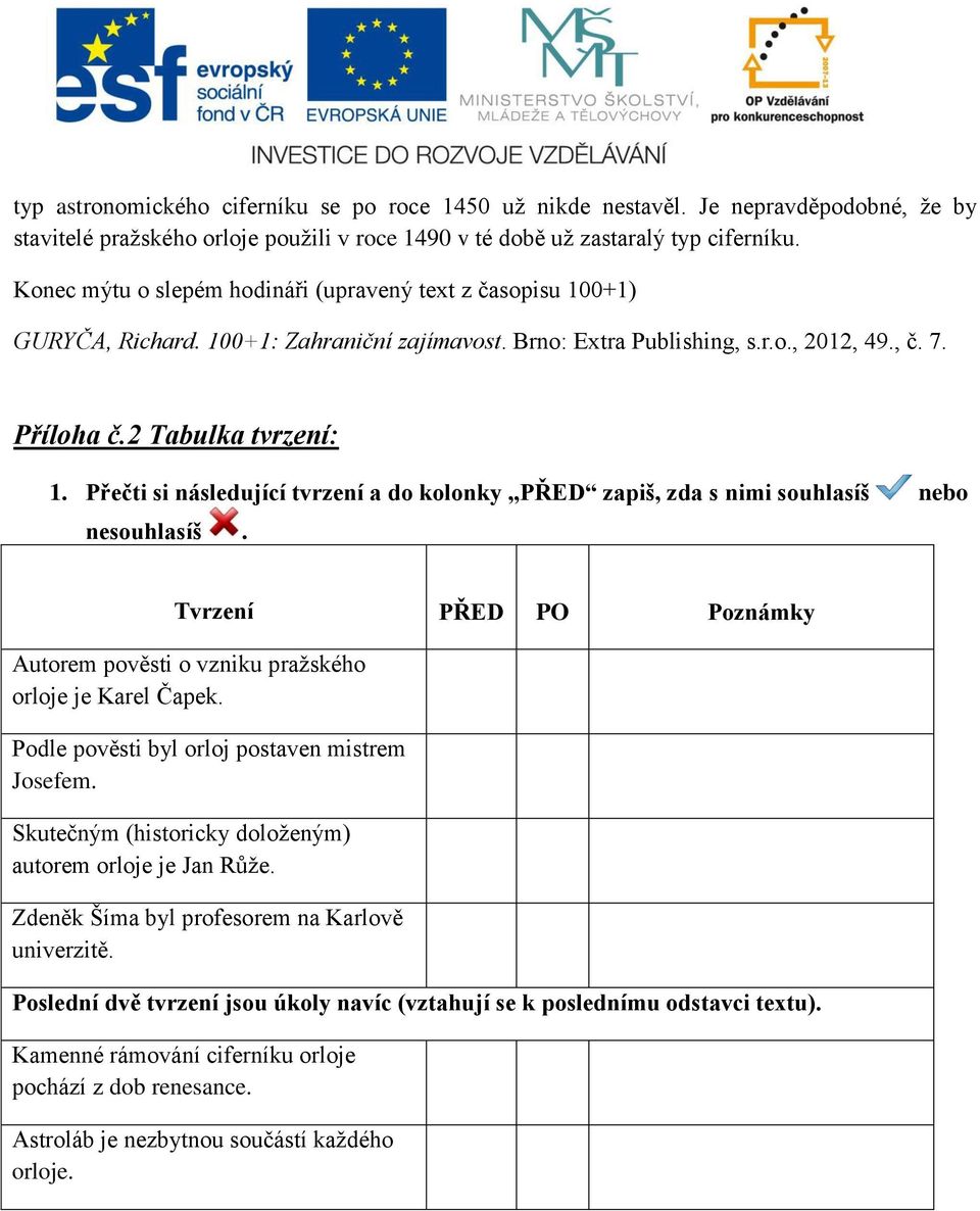 Přečti si následující tvrzení a do kolonky PŘED zapiš, zda s nimi souhlasíš nebo nesouhlasíš. Tvrzení PŘED PO Poznámky Autorem pověsti o vzniku pražského orloje je Karel Čapek.