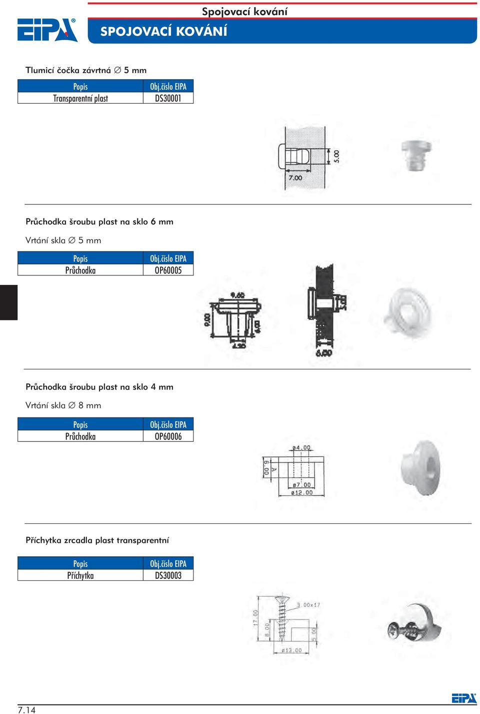 Průchodka OP60005 Průchodka šroubu plast na sklo 4 mm 7733/791/99 Vrtání skla 8