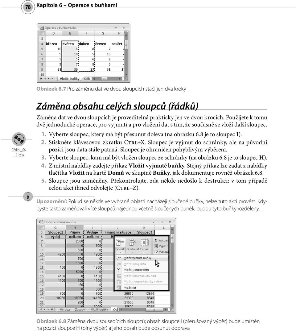 Použijete k tomu dvě jednoduché operace, pro vyjmutí a pro vložení dat s tím, že současně se vloží další sloupec. 1. Vyberte sloupec, který má být přesunut doleva (na obrázku 6.8 je to sloupec I). 2.